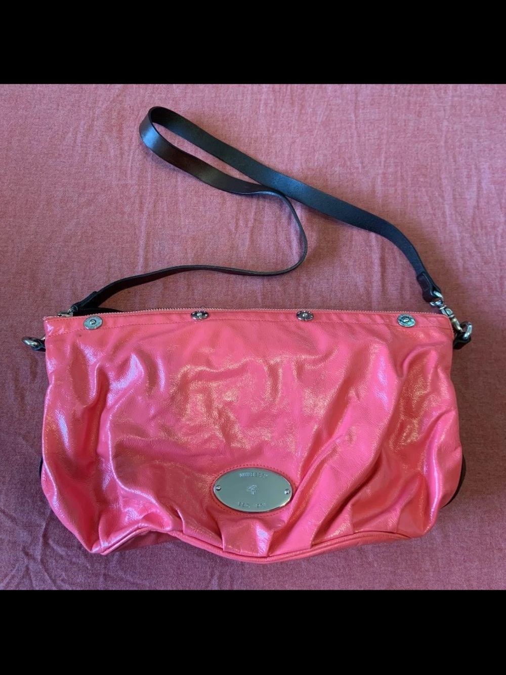 Mulberry Pink Crossbody Leather Shoulder Bag with Black Strap
